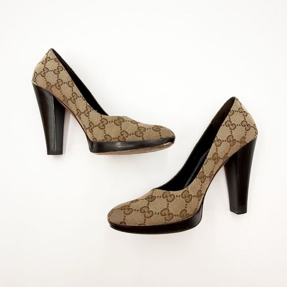 Gucci GG Monogram Brown Canvas Platform Pumps Wooden Heels Size 7.5 - Picture 7 of 12